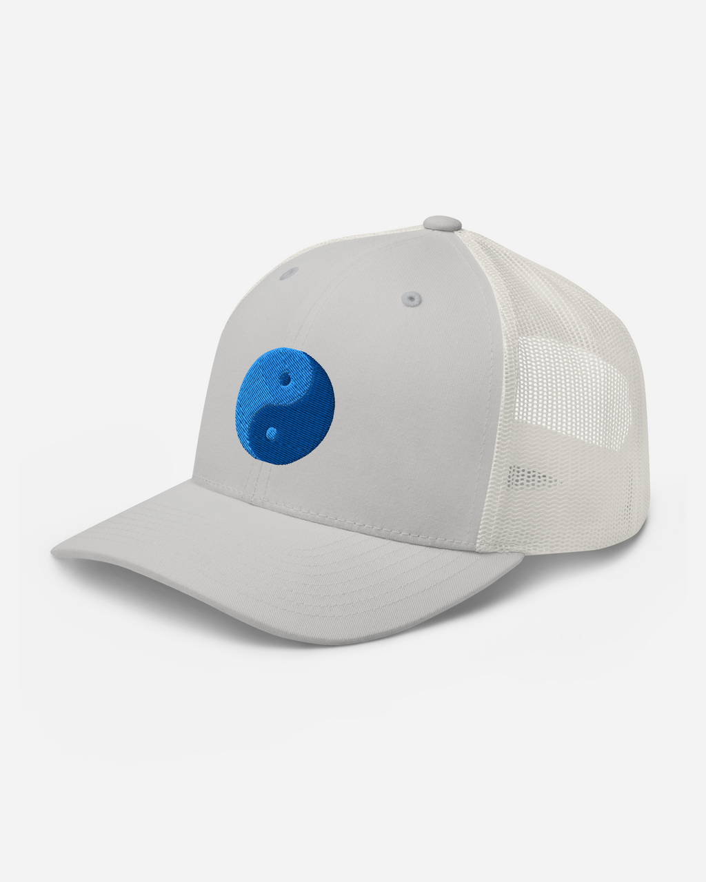 Aura Clarity Yin Yang Trucker Cap – Silver, White & Navy Unisex Hat with Blue Flat Embroidery | Aurasoma Inspired Streetwear
