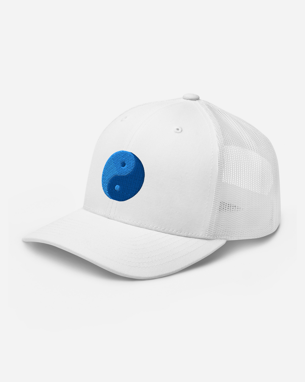 Aura Clarity Yin Yang Trucker Cap – Silver, White & Navy Unisex Hat with Blue Flat Embroidery | Aurasoma Inspired Streetwear